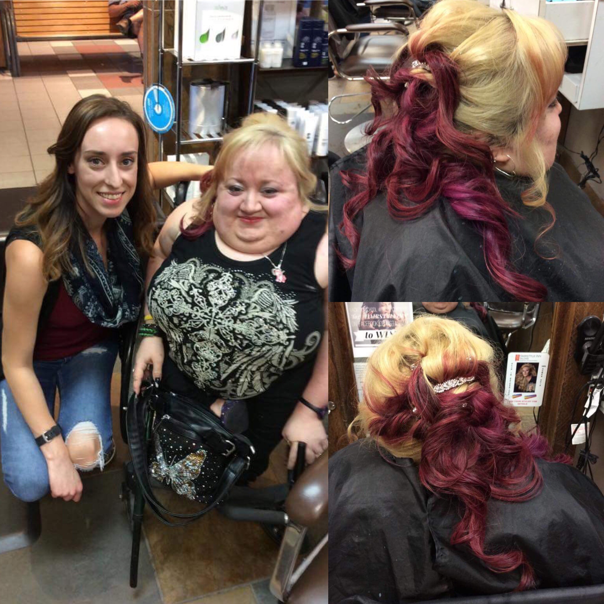 Female customer with blonde burgundy hair style at hairstyle inn Saskatoon