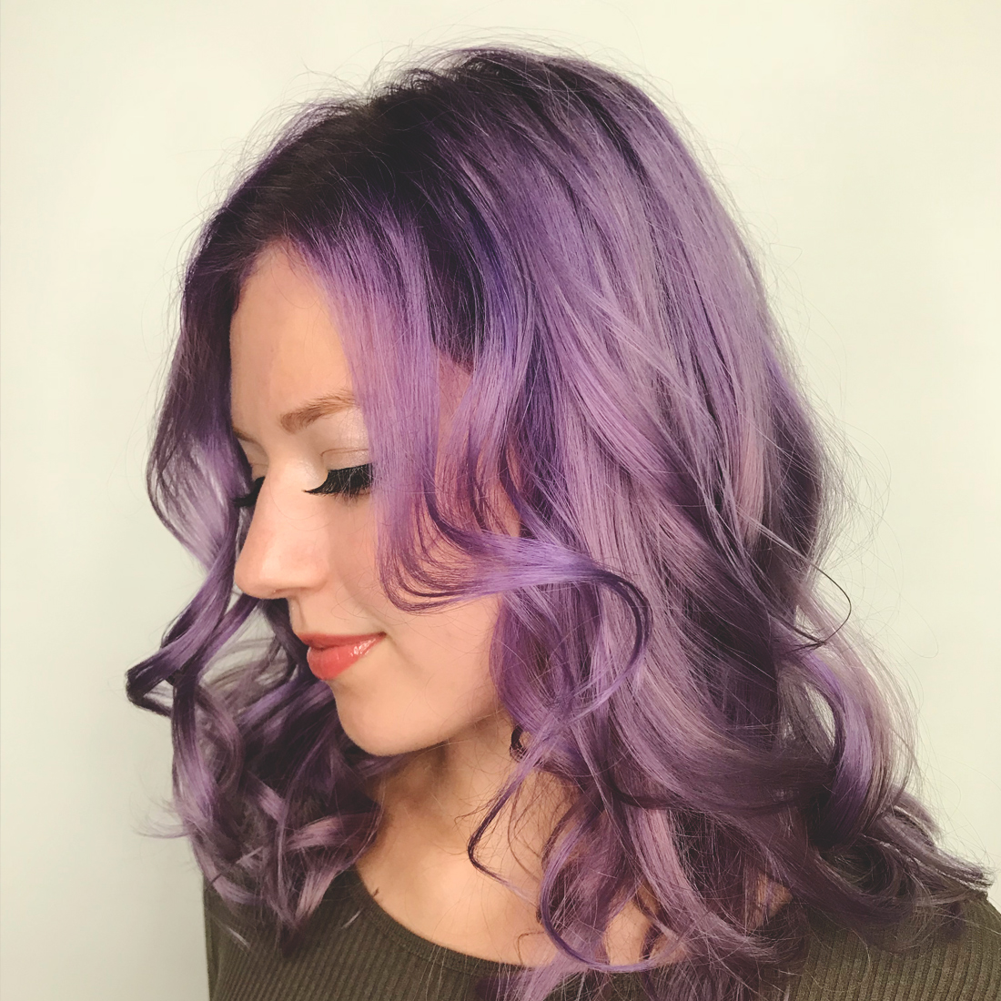 Female customer with purple colour hairstyle
